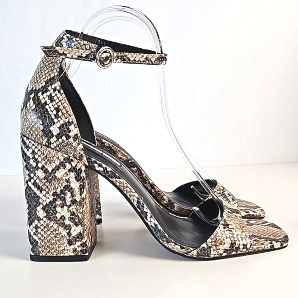 Chelsea & Violet Tara Leather Snake Print Block Heel Ankle Strap Sandal - Picture 3 of 16
